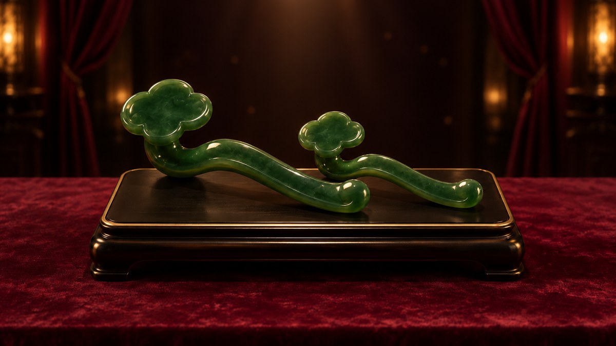 深酒紅貴賓廳裡，一組大小不同的墨綠玉如意並排放在黑金展示座上